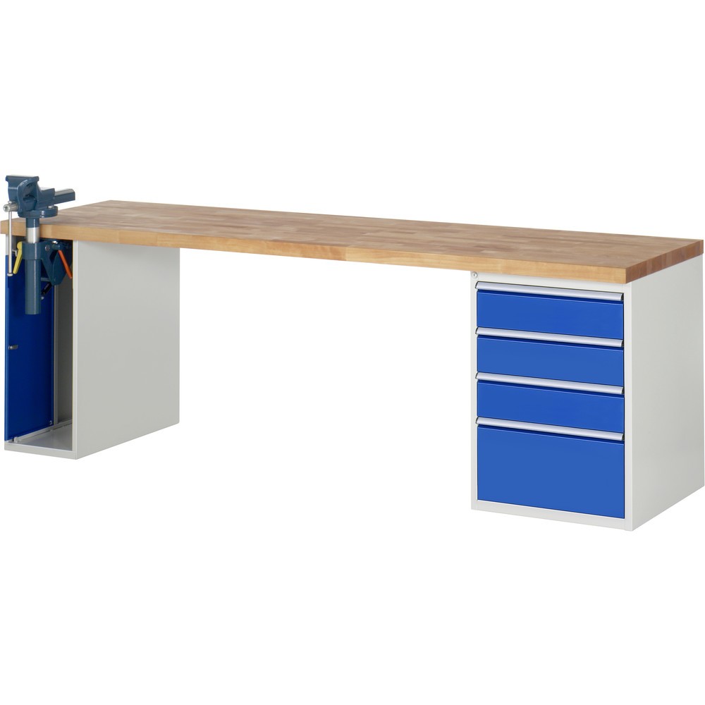 RAU Werkbank Serie 7000, 2 Container, HxBxT 840 x 2.500 x 700 mm, 4 x 100%-Auszug-Schubladen 3 x 150 mm, 1 x 270 mm, Schubladen-TK 100 kg
