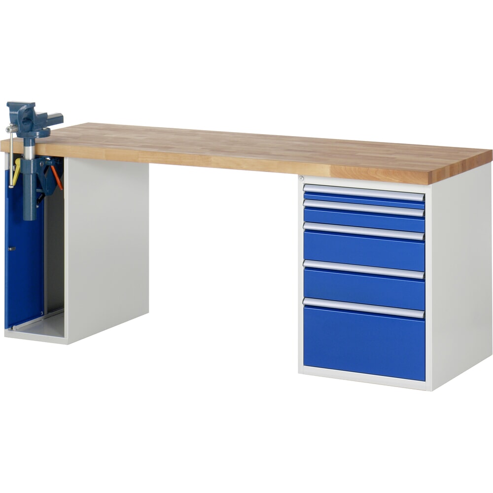 RAU Werkbank Serie 7000, 2 Container, Schraubstock, HxBxT 890 x 2.000 x 700 mm, 5 x 90%-Auszug-Schubladen