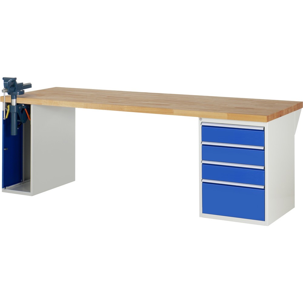 RAU Werkbank Serie 7000, 2 Container, SchraubstockHxBxT 890 x 2.500 x 900 mm, 4 x 100%-Auszug-Schubladen, Schubladen-TK 100 kg