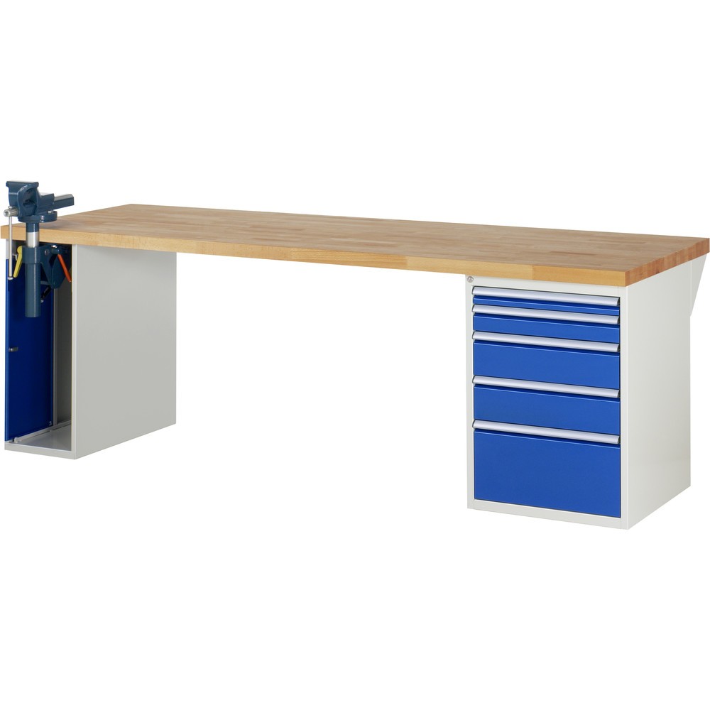RAU Werkbank Serie 7000, 2 Container, HxBxT 840 x 2.500 x 900 mm, 5 Schubladen 1 x 60 mm, 1 x 90 mm, 2 x 150 mm, 1 x 270 mm