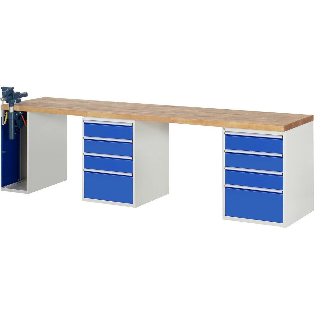RAU Werkbank Serie 7000, 3 Container, HxBxT 840 x 3.000 x 700 mm, 8 x 90%-Auszug-Schubladen 6 x 150 mm, 2 x 270 mm
