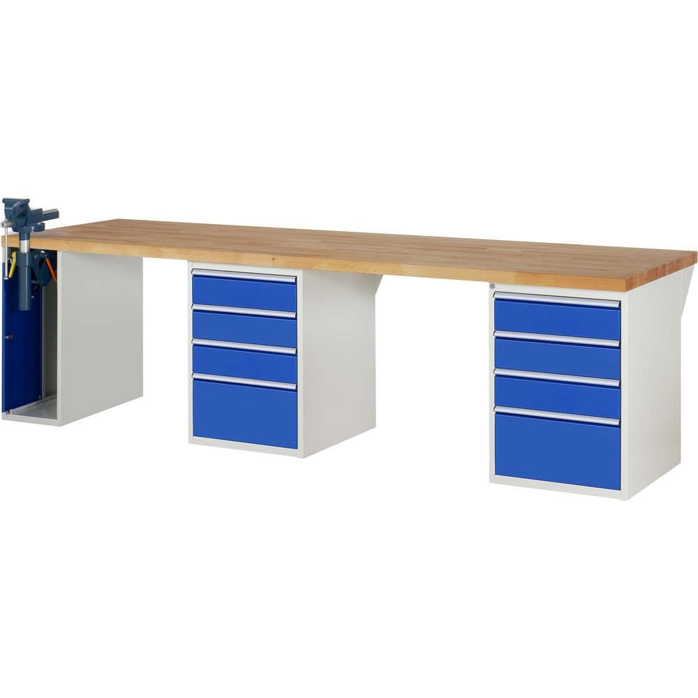 RAU Werkbank Serie 7000, 3 Container, HxBxT 890 x 3.000 x 900 mm, 8 x 100%-Auszug-Schubladen, 1 Schraubstock links