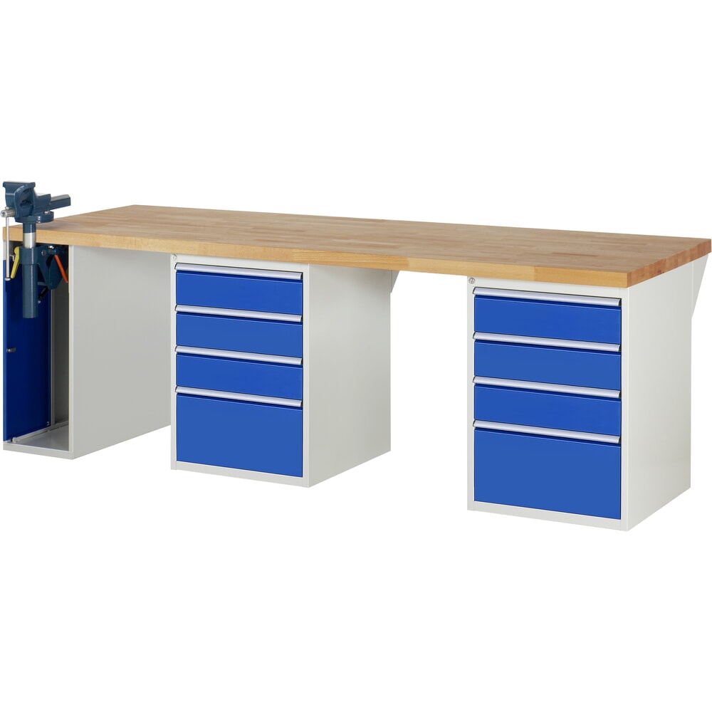 RAU Werkbank Serie 7000, 3 Container, HxBxT 840 x 2.500 x 900 mm, 8 x 100%-Auszug-Schubladen 6 x 150 mm, 2 x 270 mm