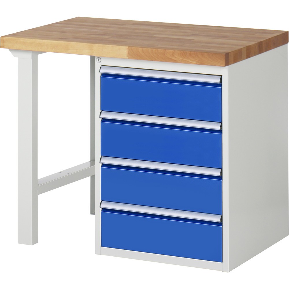 RAU Werkbank Serie 7000, 1 Container, HxBxT 840 x 1.000 x 900 mm, 4 x 90%-Auszug-Schubladen 4 x 180 mm, Schubladen-TK 100 kg