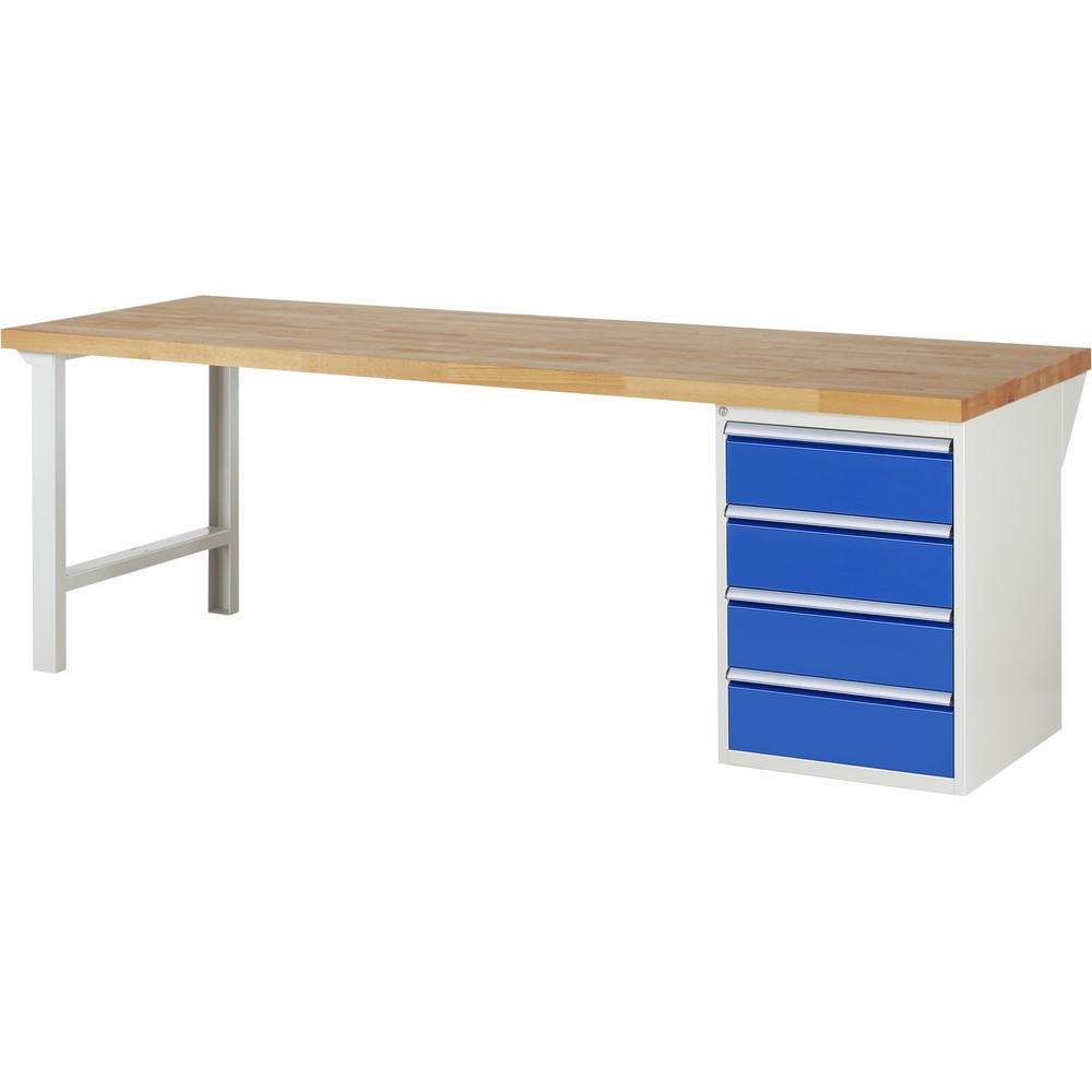 RAU Werkbank Serie 7000, 1 Container, HxBxT 890 x 2.500 x 900 mm, 4 x 100%-Auszug-Schubladen 4 x 180 mm, Schubladen-TK 100 kg