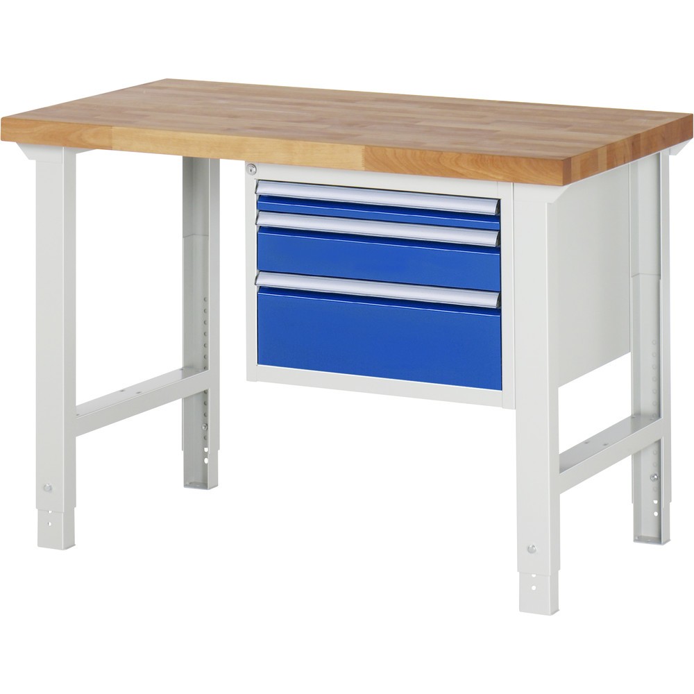 RAU Werkbank Serie 7000, 1 Container, HxBxT 790-1.140 x 1.250 x 700 mm, 3 x 100%-Auszug-Schubladen 1 x 60, 1 x 120, 1 x 180 mm