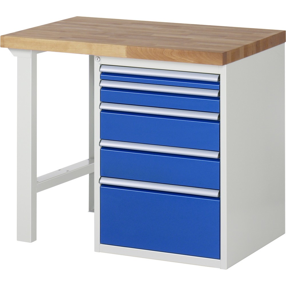 RAU Werkbank Serie 7000, 1 Container, HxBxT 890 x 1.000 x 700 mm, 5 x 100%-Auszug-Schubladen 1 x 60, 1 x 90, 2 x 150, 1 x 270 mm, Schubladen-TK 100 kg