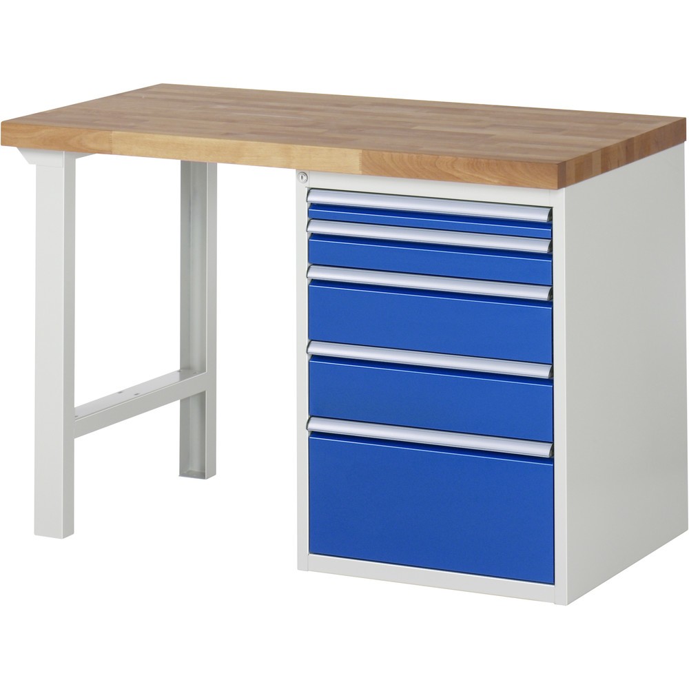 RAU Werkbank Serie 7000, 1 Container, HxBxT 890 x 1.250 x 700 mm, 5 x 90%-Auszug-Schubladen 1 x 60, 1 x 90, 2 x 150, 1 x 270 mm, Schubladen-TK 100 kg