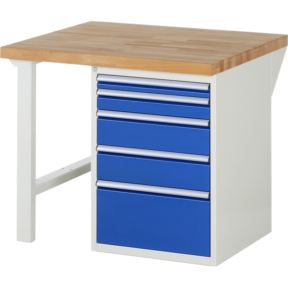 RAU Werkbank Serie 7000, 1 Container, HxBxT 840 x 1.000 x 900 mm, 5 x 100%-Auszug-Schubladen 1 x 60, 1 x 90, 2 x 150, 1 x 270 mm, Schubladen-TK 100 kg