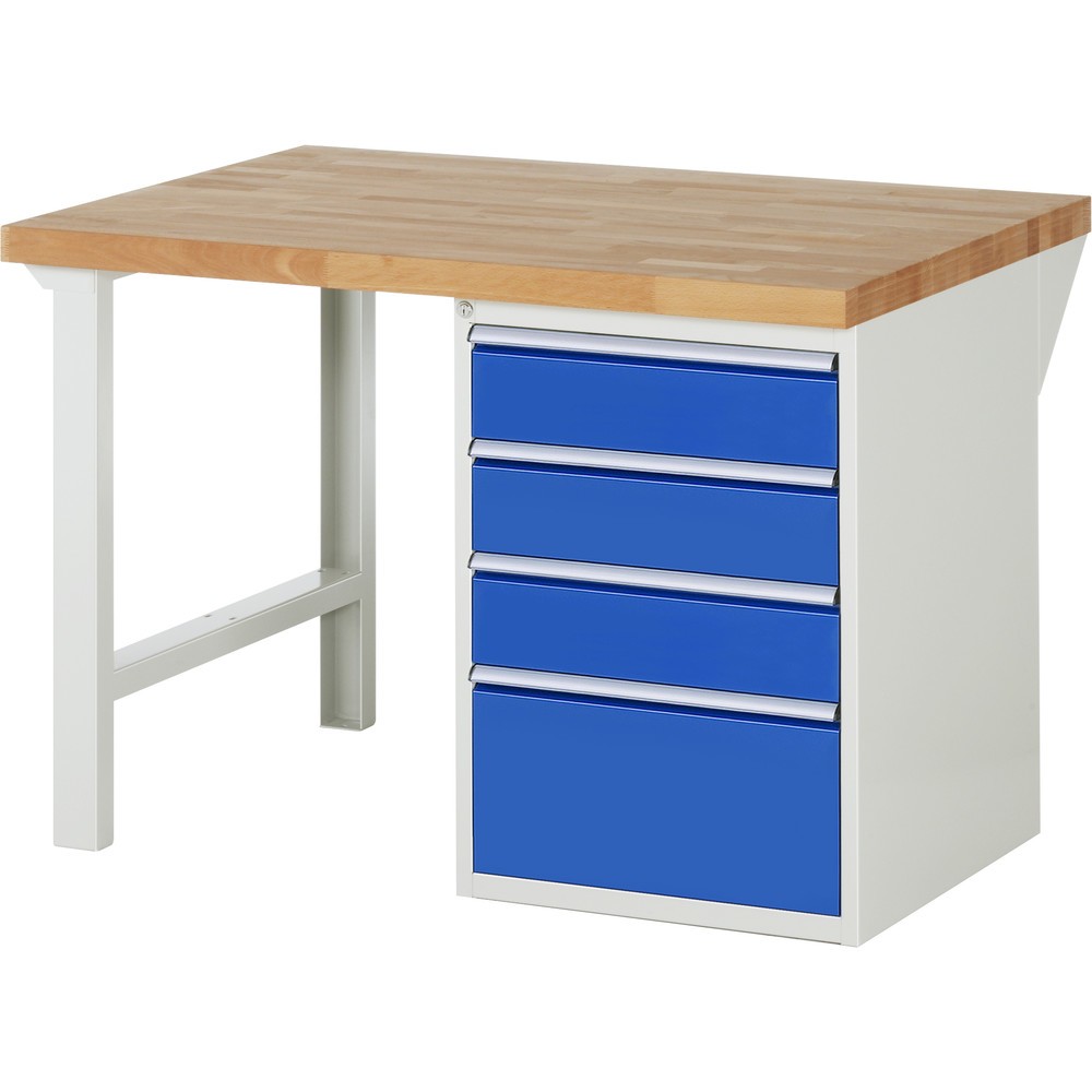 RAU Werkbank Serie 7000, 1 Container, HxBxT 890 x 1.250 x 900 mm, 4 x 90%-Auszug-Schubladen 3 x 150, 1 x 270 mm, Schubladen-TK 100 kg