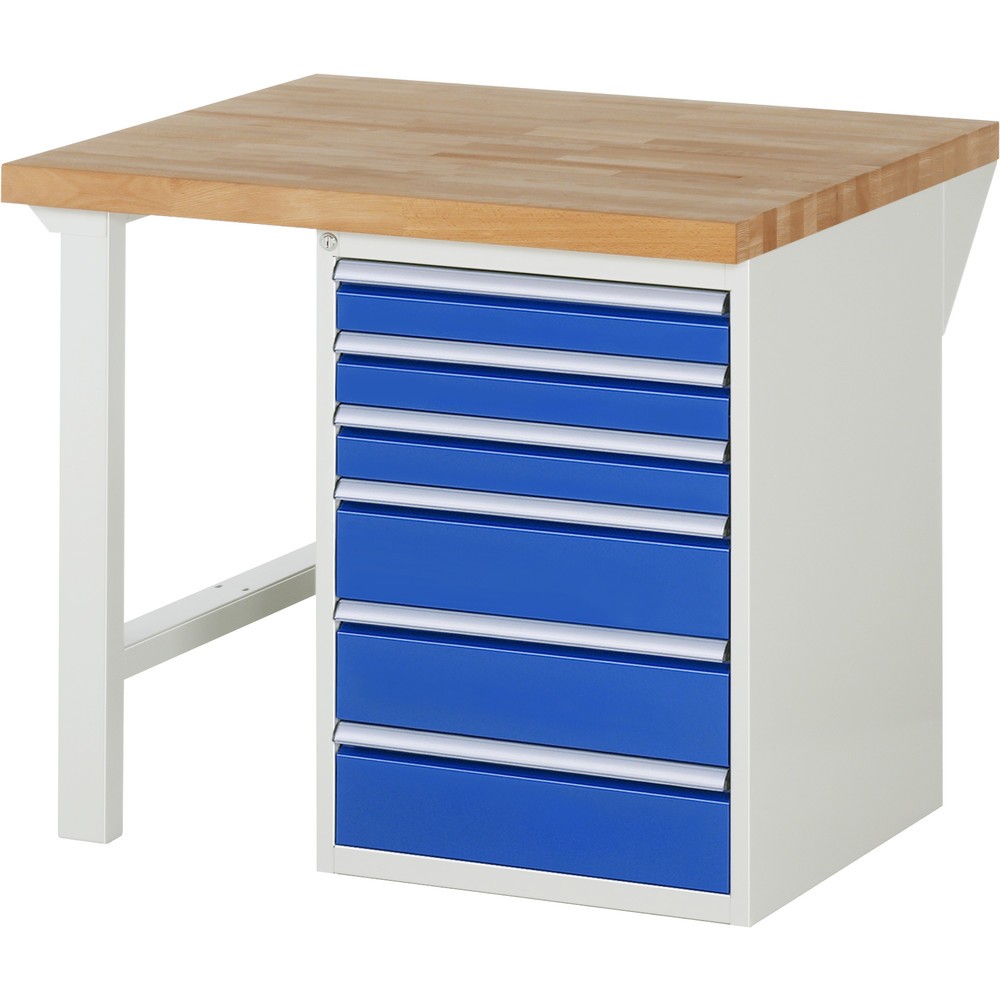 RAU Werkbank Serie 7000, 1 Container, HxBxT 840 x 1.000 x 900 mm, 6 x 90%-Auszug-Schubladen 3 x 90, 3 x 150 mm, Schubladen-TK 100 kg