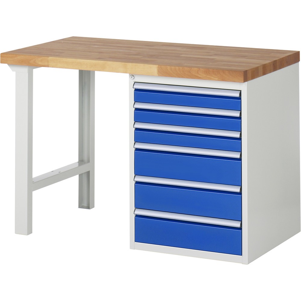 RAU Werkbank Serie 7000, 1 Container, HxBxT 890 x 1.250 x 700 mm, 6 x 100%-Auszug-Schubladen 3 x 90, 3 x 150 mm, Schubladen-TK 100 kg