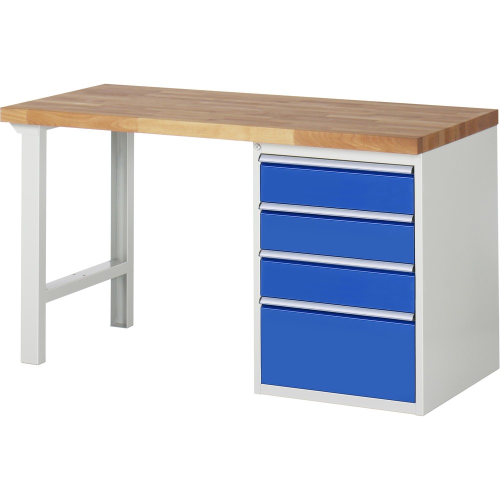 RAU Werkbank Serie 7000, 1 Container, HxBxT 840 x 1.500 x 700 mm, 4 x 90%-Auszug-Schubladen 3 x 150, 1 x 270 mm, Schubladen-TK 100 kg