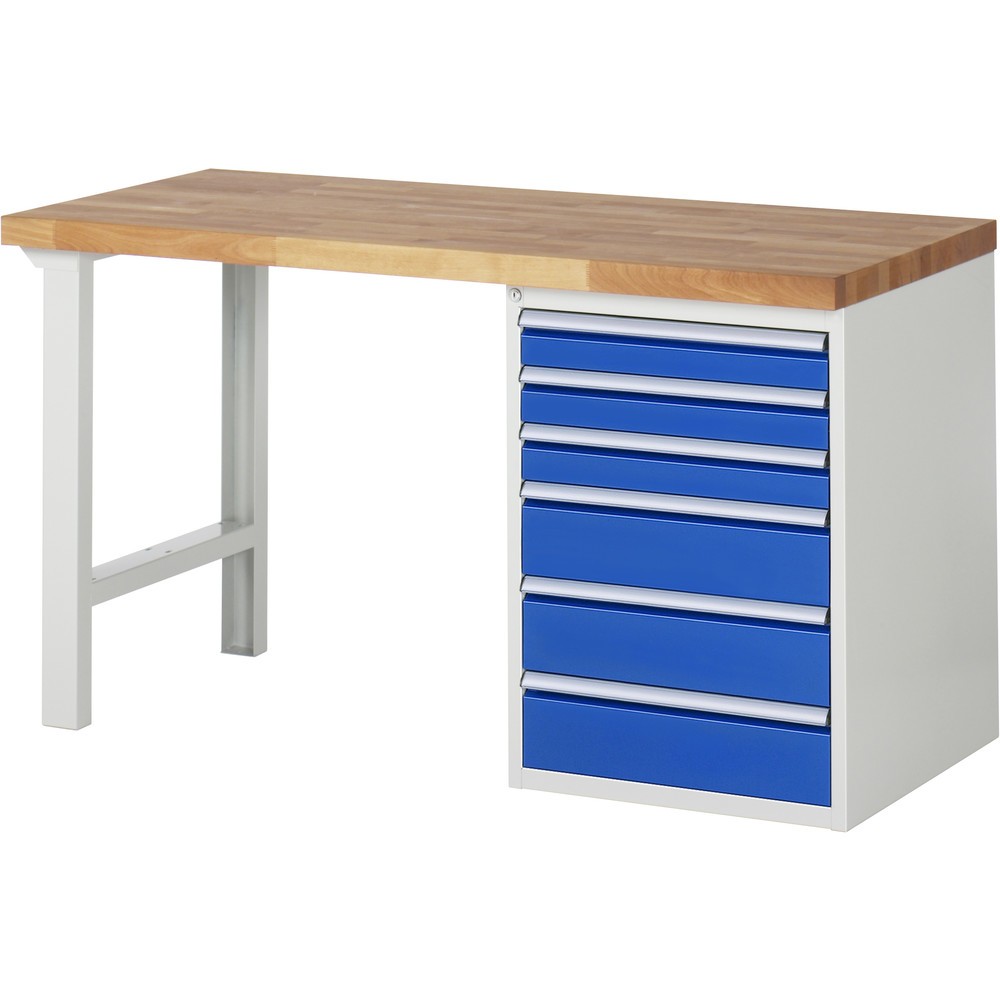 RAU Werkbank Serie 7000, 1 Container, HxBxT 890 x 1.500 x 700 mm, 6 x 90%-Auszug-Schubladen 3 x 90, 3 x 150 mm, Schubladen-TK 100 kg
