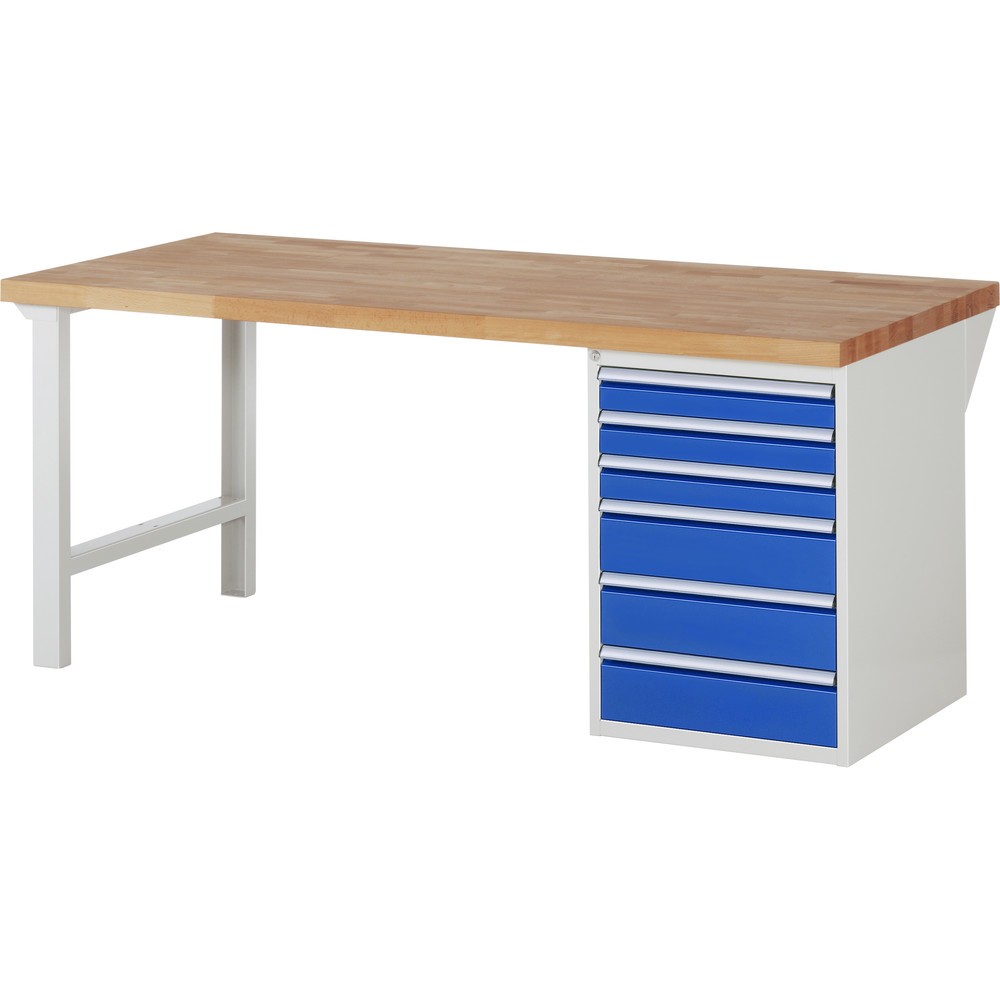 RAU Werkbank Serie 7000, 1 Container, HxBxT 890 x 2.000 x 900 mm, 6 x 100%-Auszug-Schubladen 3 x 90, 3 x 150 mm, Schubladen-TK 100 kg