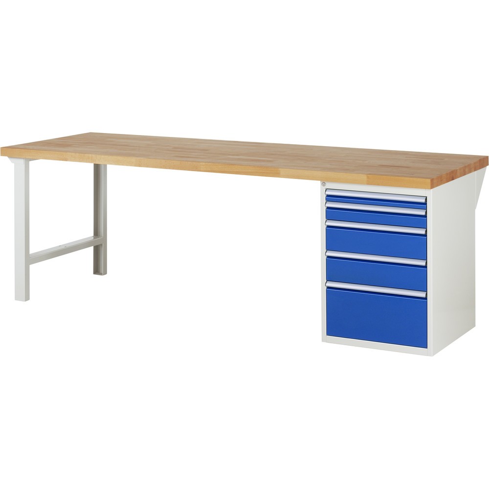 RAU Werkbank Serie 7000, 1 Container, HxBxT 840 x 2.500 x 900 mm, 5 x 100%-Auszug-Schubladen 1 x 60, 1 x 90, 2 x 150, 1 x 270 mm, Schubladen-TK 100 kg