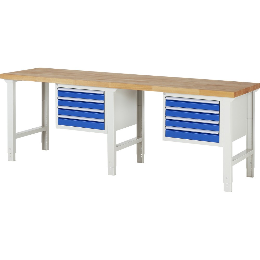 RAU Werkbank Serie 7000, 2 Container, HxBxT 790-1.140 x 2.500 x 700 mm, 8 x 100%-Auszug-Schubladen 8 x 90 mm