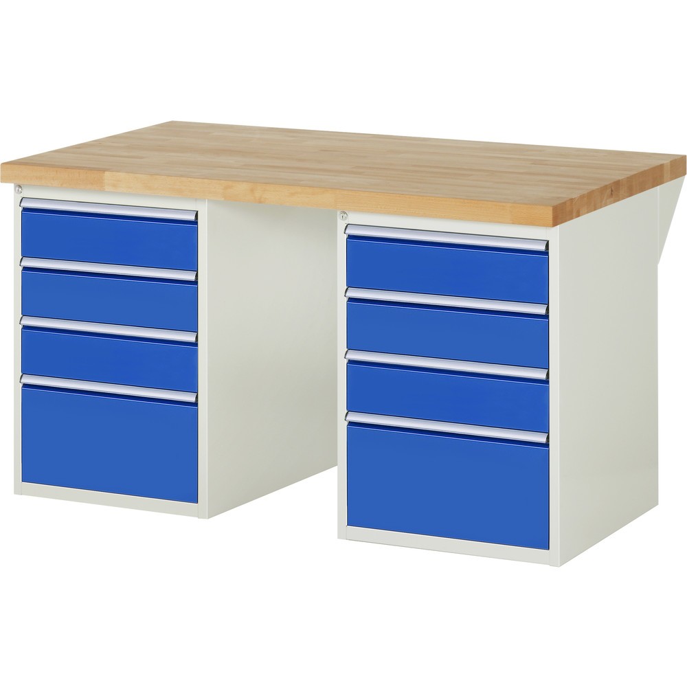 RAU Werkbank Serie 7000, 2 Container, HxBxT 840 x 1.500 x 900 mm, 8 x 100%-Auszug-Schubladen 6 x 150 mm, 2 x 270 mm