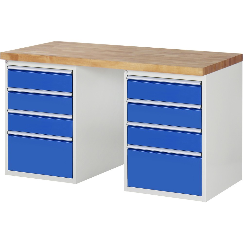 RAU Werkbank Serie 7000, 2 Container, HxBxT 890 x 1.500 x 700 mm, 8 x 100%-Auszug-Schubladen 6 x 150, 2 x 270 mm
