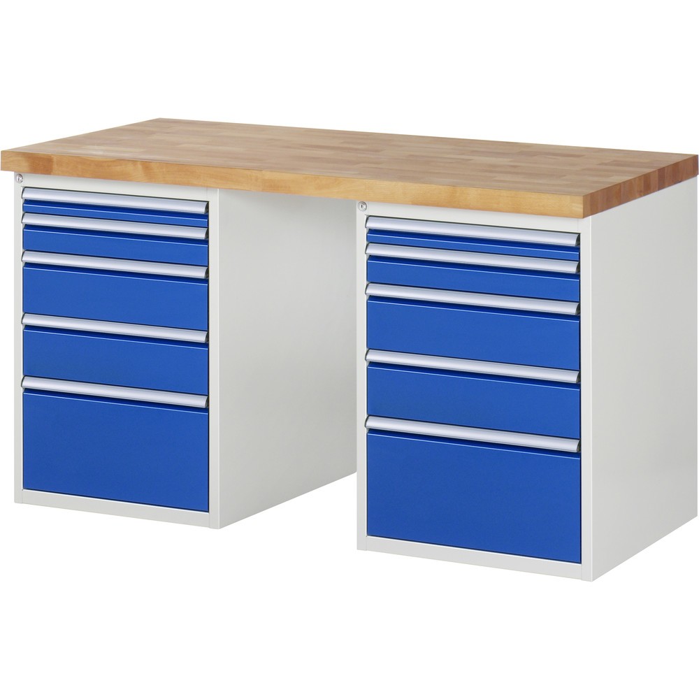RAU Werkbank Serie 7000, 2 Container, HxBxT 840 x 1.500 x 700 mm, 10 Schubladen 2 x 60 mm, 2 x 90 mm, 4 x 150 mm, 2 x 270 mm