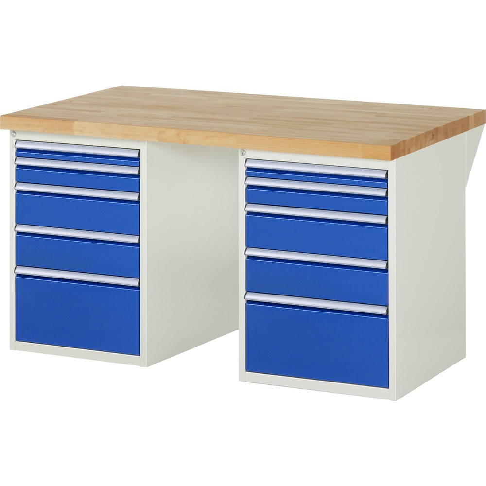 RAU Werkbank Serie 7000, 2 Container, HxBxT 840 x 1.500 x 900 mm, 10 Schubladen 2 x 60 mm, 2 x 90 mm, 4 x 150 mm, 2 x 270 mm