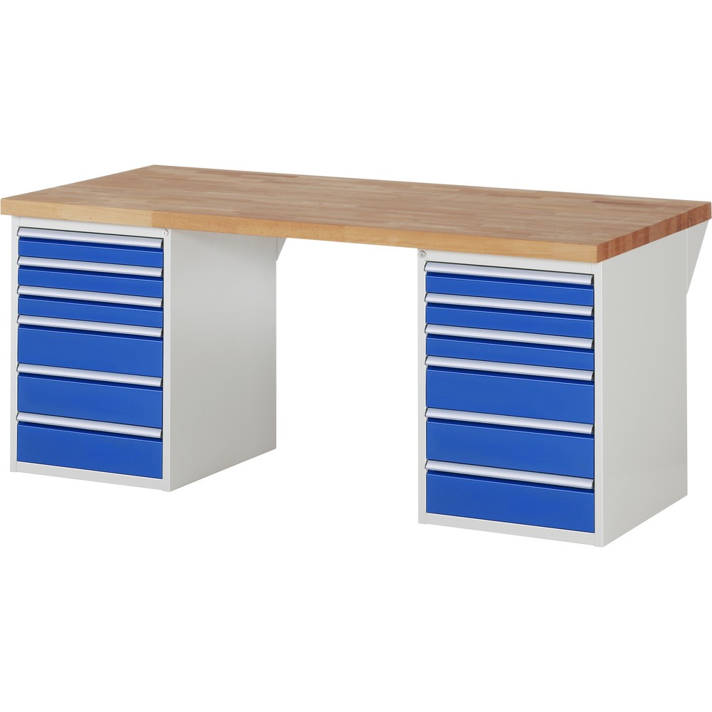 RAU Werkbank Serie 7000, 2 Container, HxBxT 890 x 2.000 x 900 mm, 12 x 100%-Auszug-Schubladen 6 x 90 mm, 6 x 150 mm