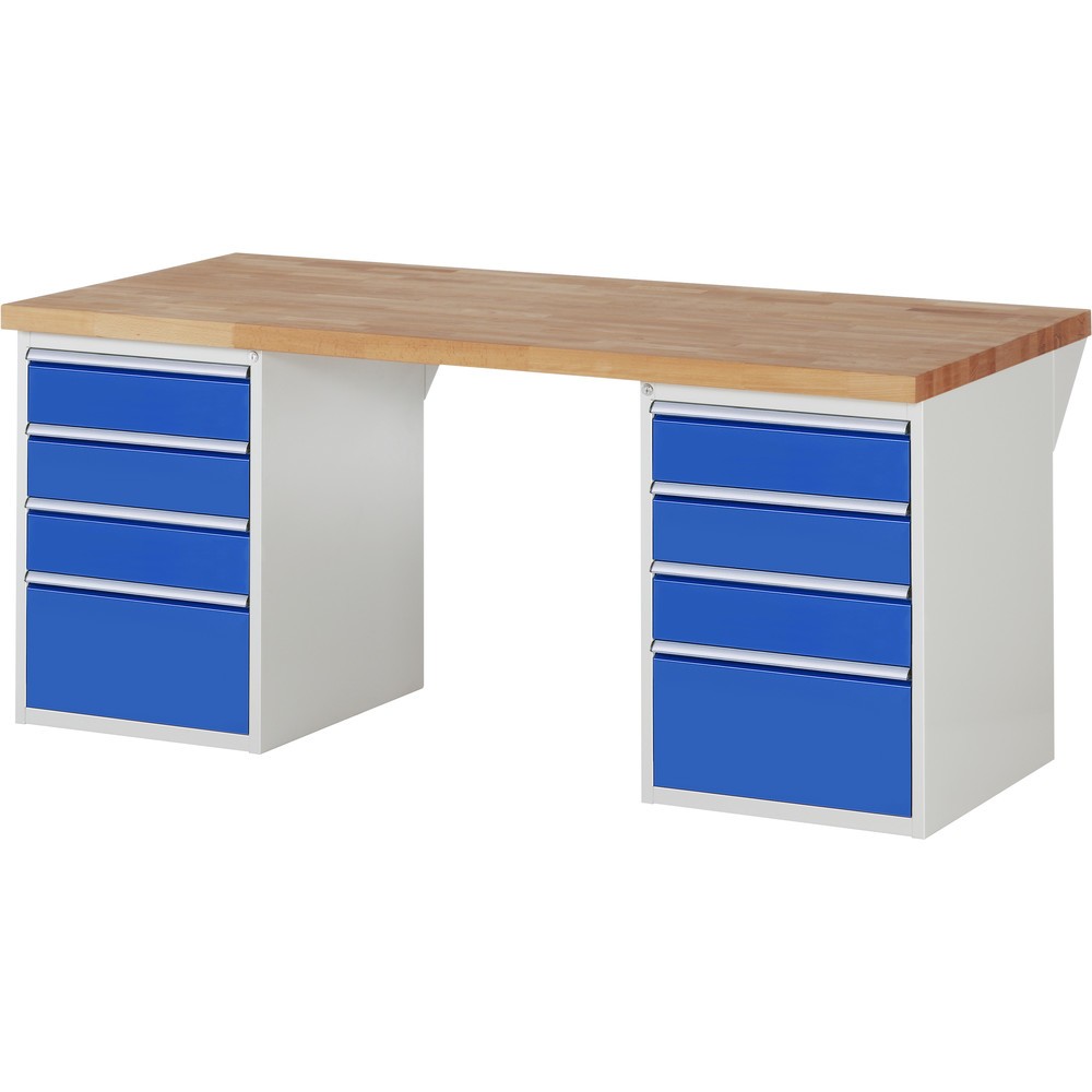 RAU Werkbank Serie 7000, 2 Container, HxBxT 890 x 2.000 x 900 mm, 8 x 100%-Auszug-Schubladen 6 x 150, 2 x 270 mm
