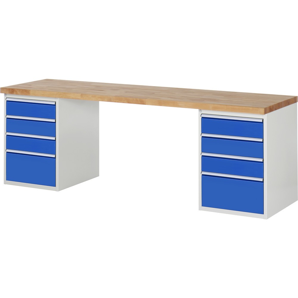 RAU Werkbank Serie 7000, 2 Container, HxBxT 840 x 2.500 x 700 mm, 8 x 90%-Auszug-Schubladen 6 x 150 mm, 2 x 270 mm, Schubladen-TK 100 kg