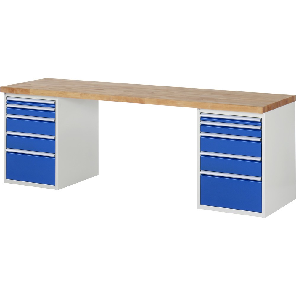 RAU Werkbank Serie 7000, 2 Container, HxBxT 890 x 2.500 x 700 mm, 10 x 90%-Auszug-Schubladen 2 x 60, 2 x 90, 4 x 150, 2 x 270 mm