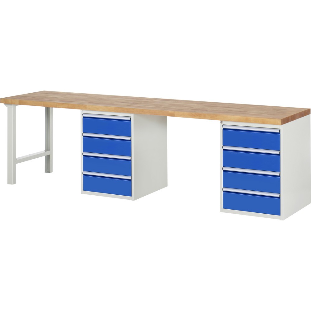 RAU Werkbank Serie 7000, 2 Container, HxBxT 890 x 3.000 x 700 mm, 8 x 100%-Auszug-Schubladen 8 x 180 mm