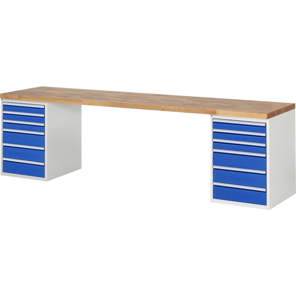 RAU Werkbank Serie 7000, 2 Container, HxBxT 890 x 3.000 x 700 mm, 12 x 90%-Auszug-Schubladen 6 x 90 mm, 6 x 150 mm