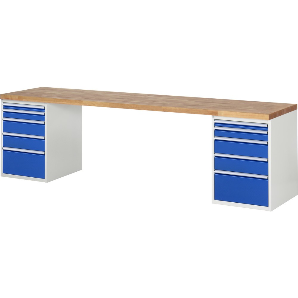 RAU Werkbank Serie 7000, 2 Container, HxBxT 840 x 3.000 x 700 mm, 10 Schubladen 2 x 60 mm, 2 x 90 mm, 4 x 150 mm, 2 x 270 mm