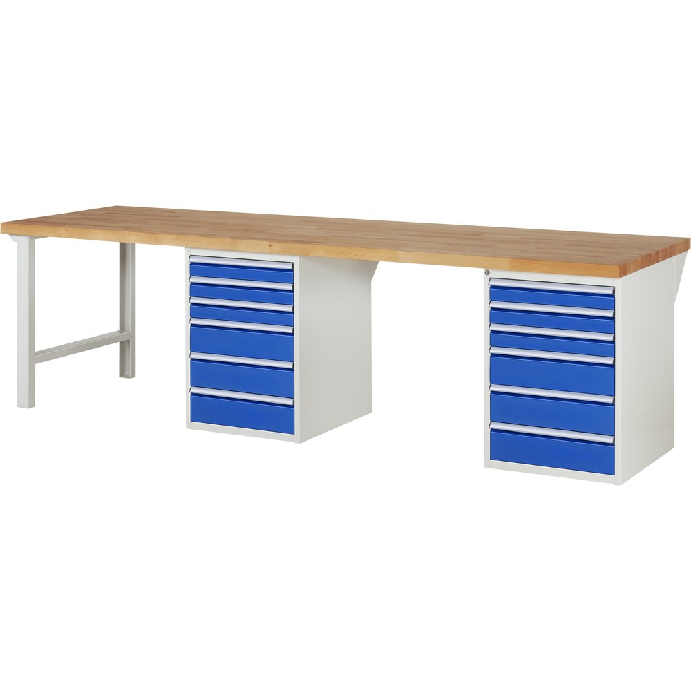RAU Werkbank Serie 7000, 2 Container, HxBxT 840 x 3.000 x 900 mm, 12 x 90%-Auszug-Schubladen 6 x 90 mm, 6 x 150 mm
