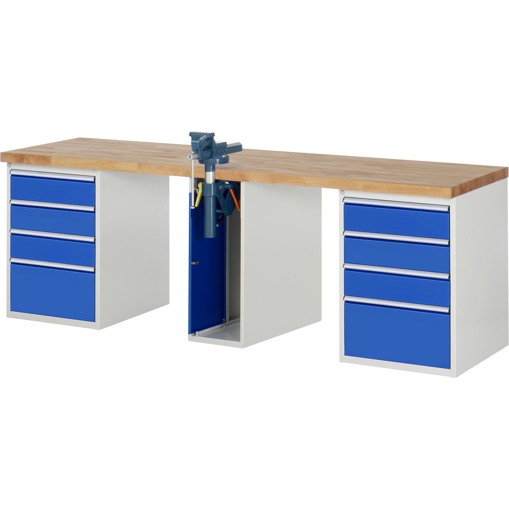 RAU Werkbank Serie 7000, 3 Container, HxBxT 840 x 2.500 x 700 mm, 8 x 90%-Auszug-Schubladen 6 x 150 mm, 2 x 270 mm