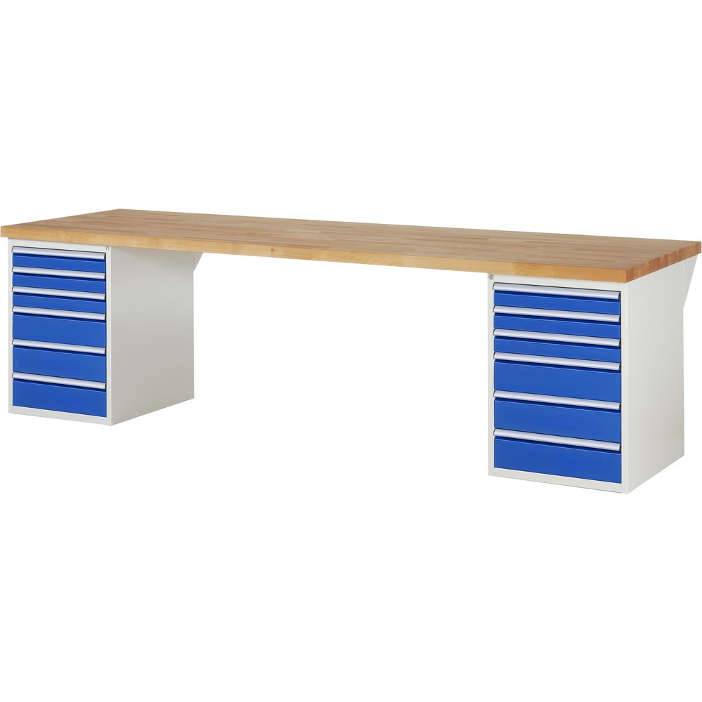 RAU Werkbank Serie 7000, 2 Container, HxBxT 840 x 3.000 x 900 mm, 12 x 90%-Auszug-Schubladen 6 x 90 mm, 6 x 150 mm