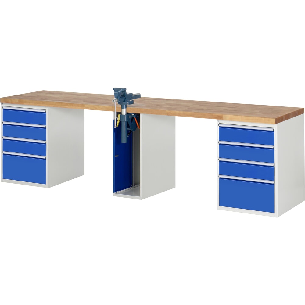 RAU Werkbank Serie 7000, 3 Container, HxBxT 840 x 3.000 x 700 mm, 8 x 100%-Auszug-Schubladen 6 x 150 mm, 2 x 270 mm