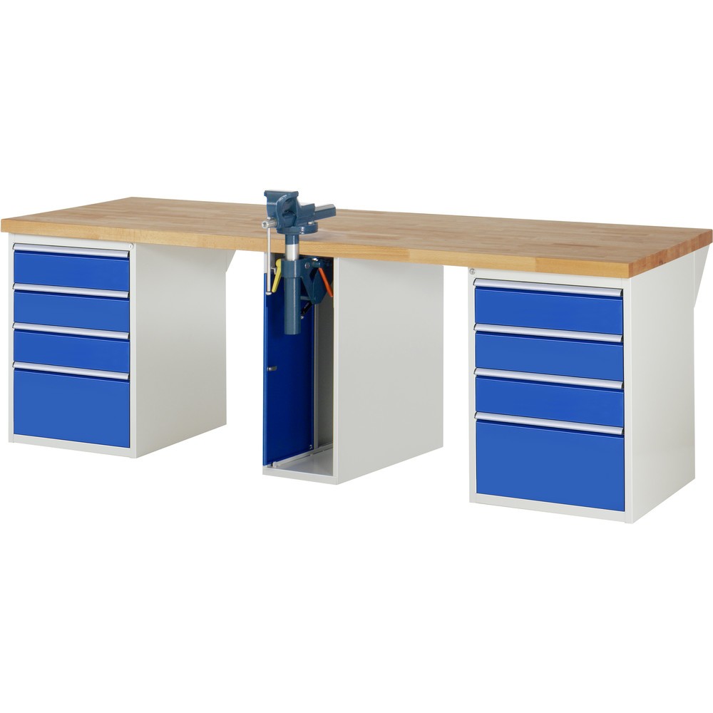 RAU Werkbank Serie 7000, 3 Container, HxBxT 890 x 2.500 x 900 mm, 8 x 100%-Auszug-Schubladen, 1 Schraubstock mittig