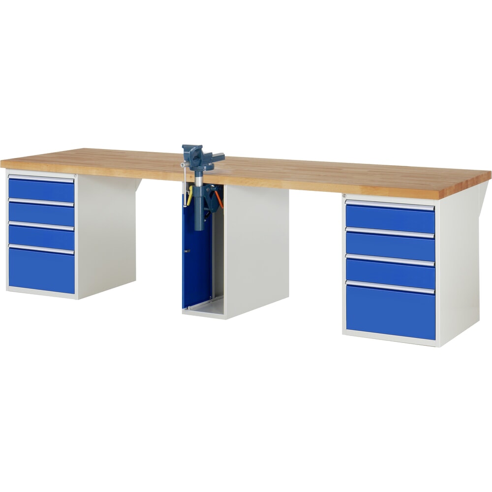 RAU Werkbank Serie 7000, 3 Container, HxBxT 840 x 3.000 x 900 mm, 8 x 90%-Auszug-Schubladen 6 x 150 mm, 2 x 270 mm
