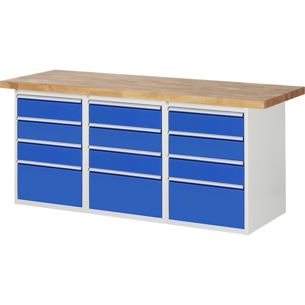 RAU Werkbank Serie 7000, 3 Container, HxBxT 890 x 2.000 x 700 mm, 12 x 90%-Auszug-Schubladen