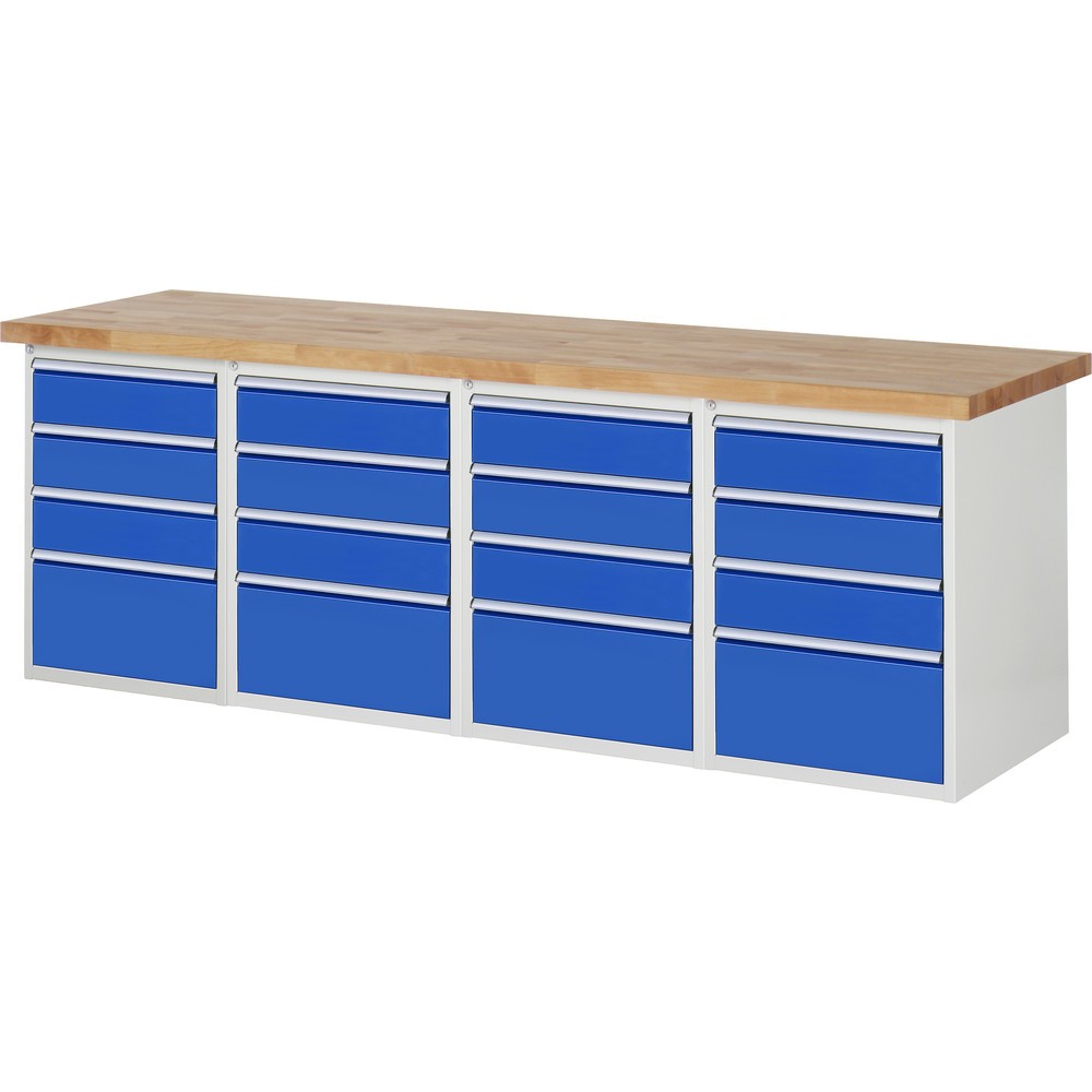 RAU Werkbank Serie 7000, 4 Container, HxBxT 840 x 2.500 x 900 mm, 16 x 100%-Auszug-Schubladen