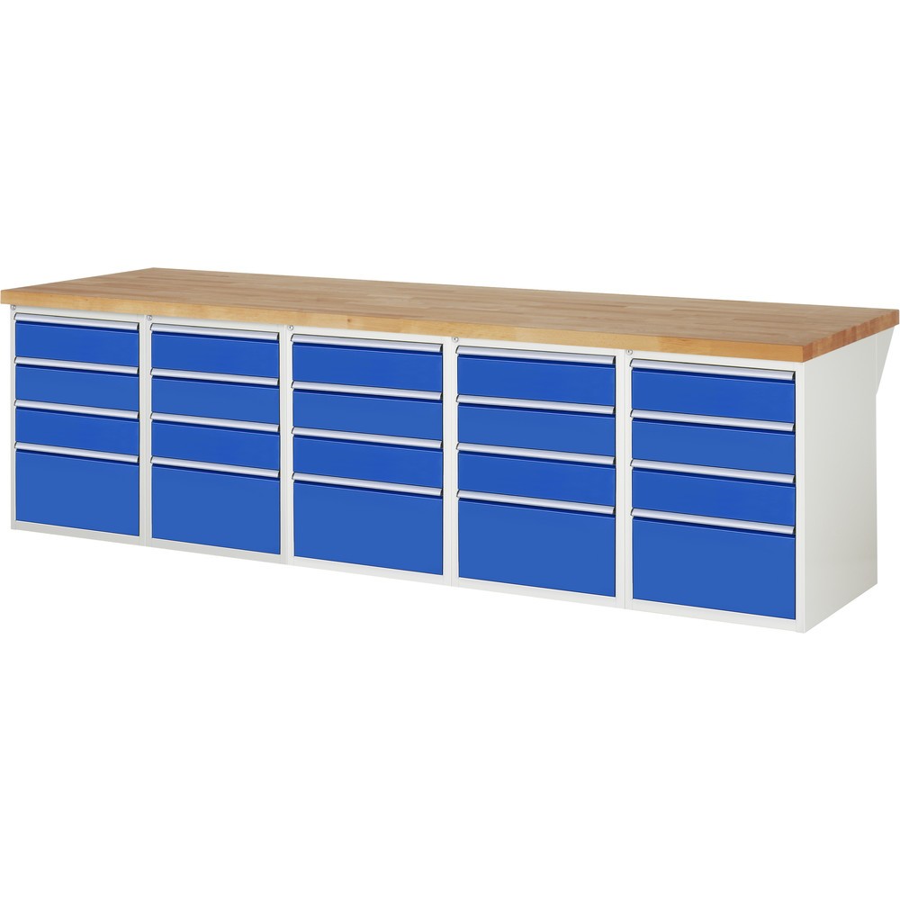 RAU Werkbank Serie 7000, 5 Container, HxBxT 840 x 3.000 x 900 mm, 20 x 100%-Auszug-Schubladen