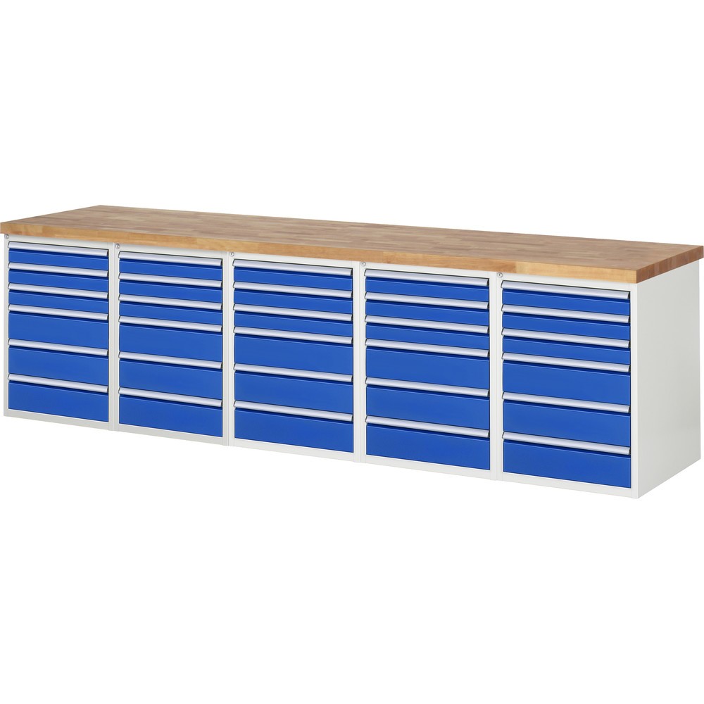 RAU Werkbank Serie 7000, 5 Container, HxBxT 840 x 3.000 x 700 mm, 30 x 90%-Auszug-Schubladen