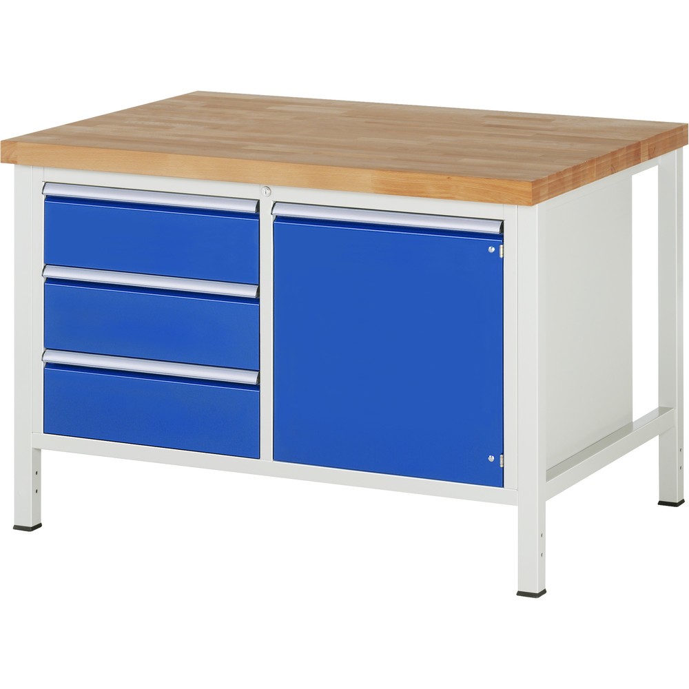 RAU Werkbank Serie 8000, 1 Doppel-Container, 1 Fachboden, 1 Flügeltür, HxBxT 840 x 1.250 x 900 mm, 3 x 100%-Auszug-Schubladen ErgoScript®
