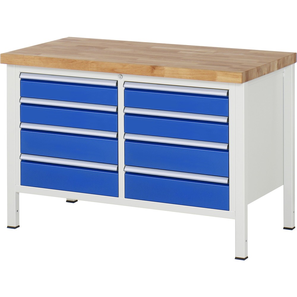 RAU Werkbank Serie 8000, 1 Doppel-Container, HxBxT 840 x 1.250 x 700 mm, 8 x 90%-Auszug-Schubladen 4 x 120, 4 x 150 mm, Schubladen-TK 100 kg