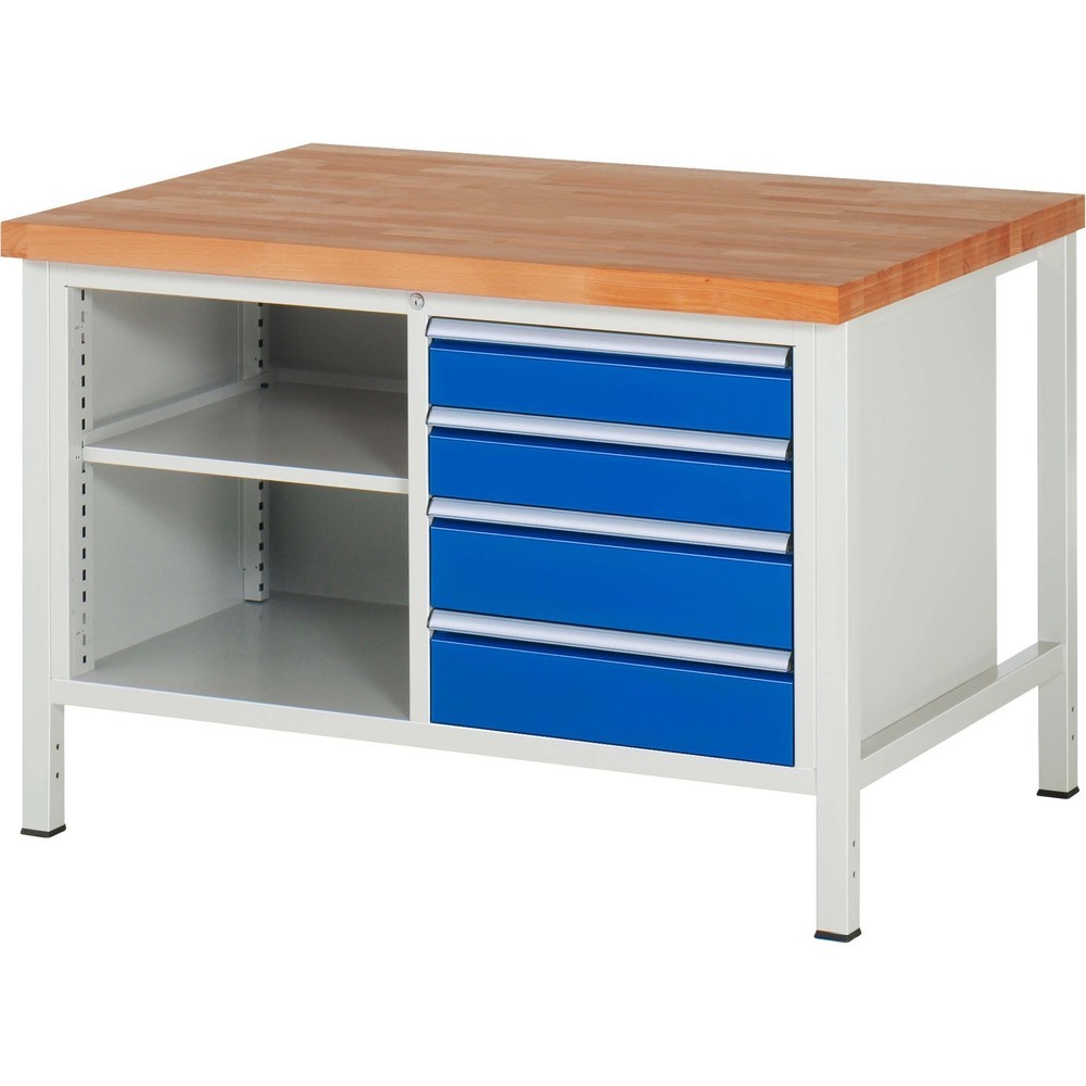 RAU Werkbank Serie 8000, 1 Doppel-Container, 1 Fachboden, HxBxT 840-1.040 x 1.250 x 900 mm, 4 x 100%-Auszug-Schubladen