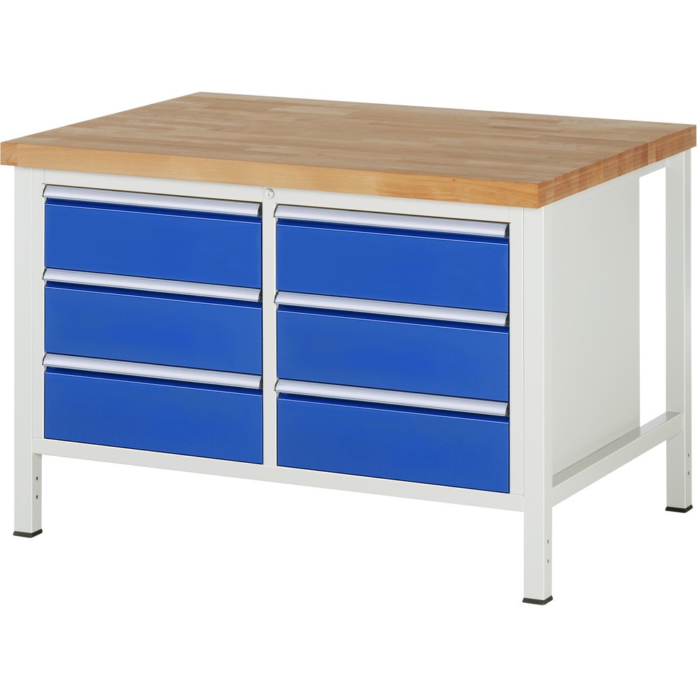 RAU Werkbank Serie 8000, 1 Doppel-Container, HxBxT 840 x 1.250 x 900 mm, 6 x 100%-Auszug-Schubladen 6 x 180 mm, Schubladen-TK 100 kg