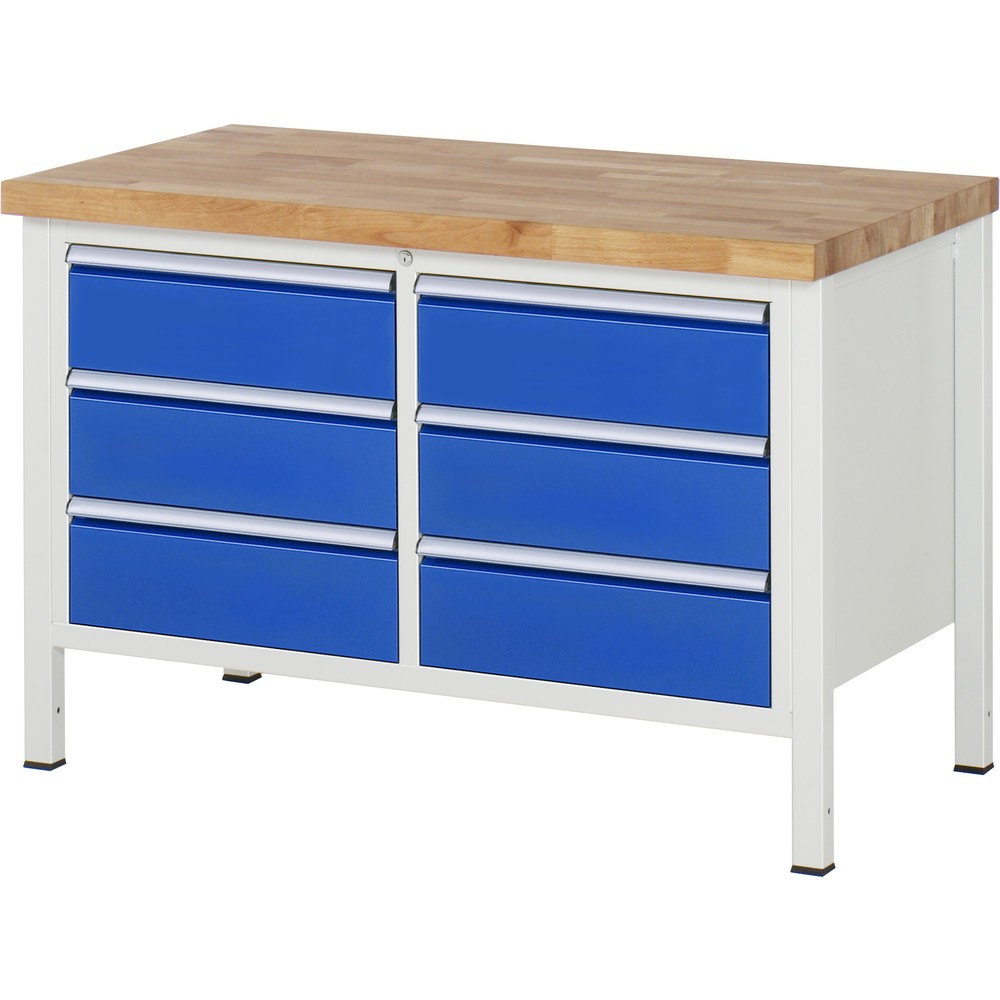 RAU Werkbank Serie 8000, 1 Doppel-Container, HxBxT 840-1.040 x 1.250 x 700 mm, 6 x 100%-Auszug-Schubladen 6 x 180 mm, Breite 490 mm