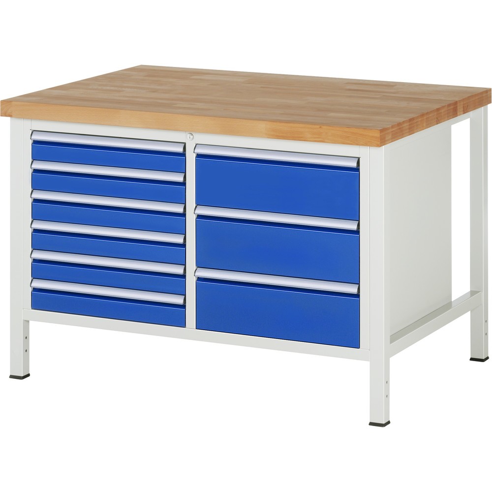 RAU Werkbank Serie 8000, 1 Doppel-Container, HxBxT 840-1.040 x 1.250 x 900 mm, 9 x 90%-Auszug-Schubladen 6 x 90, 3 x 180 mm, Breite 490 mm