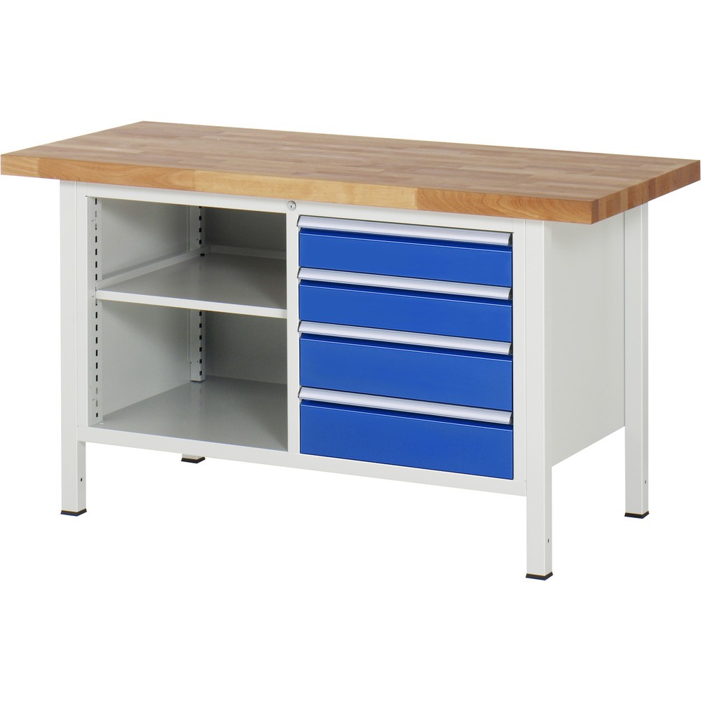 RAU Werkbank Serie 8000, 1 Doppel-Container, 1 Fachboden, HxBxT 840 x 1.500 x 700 mm, 4 x 90%-Auszug-Schubladen