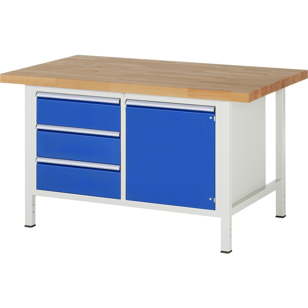 RAU Werkbank Serie 8000, 1 Doppel-Container, 1 Fachboden, 1 Flügeltür, HxBxT 840 x 1.500 x 900 mm, 3 x 100%-Auszug-Schubladen ErgoScript®